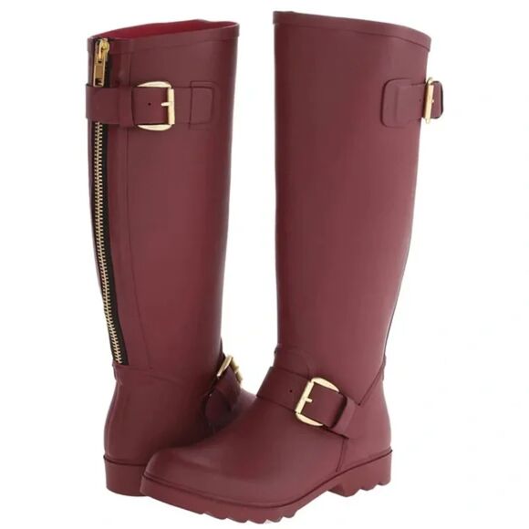 Steve Madden Dreench Rain Boots Rubber burgundy size 9 Tall Buckle Preppy Fall - Picture 1 of 5